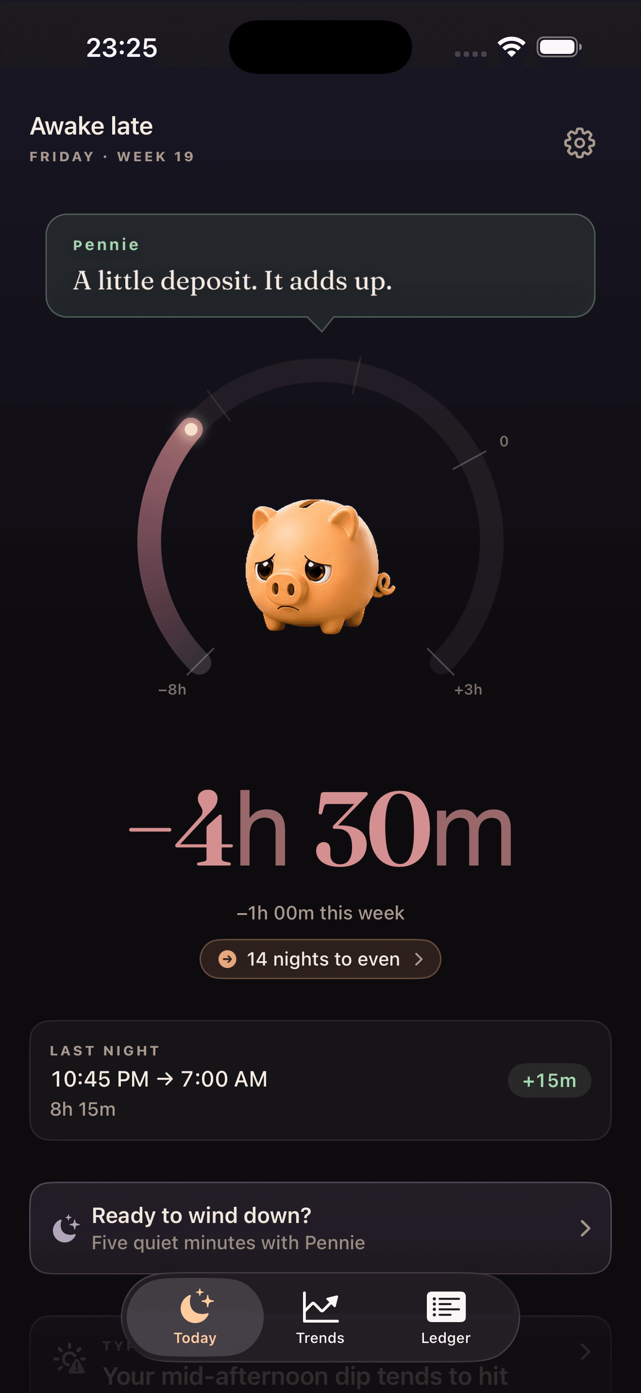 Nightpenny on iPhone: Pennie sits in the balance gauge at minus four hours thirty, with a Sunday Ritual card ready